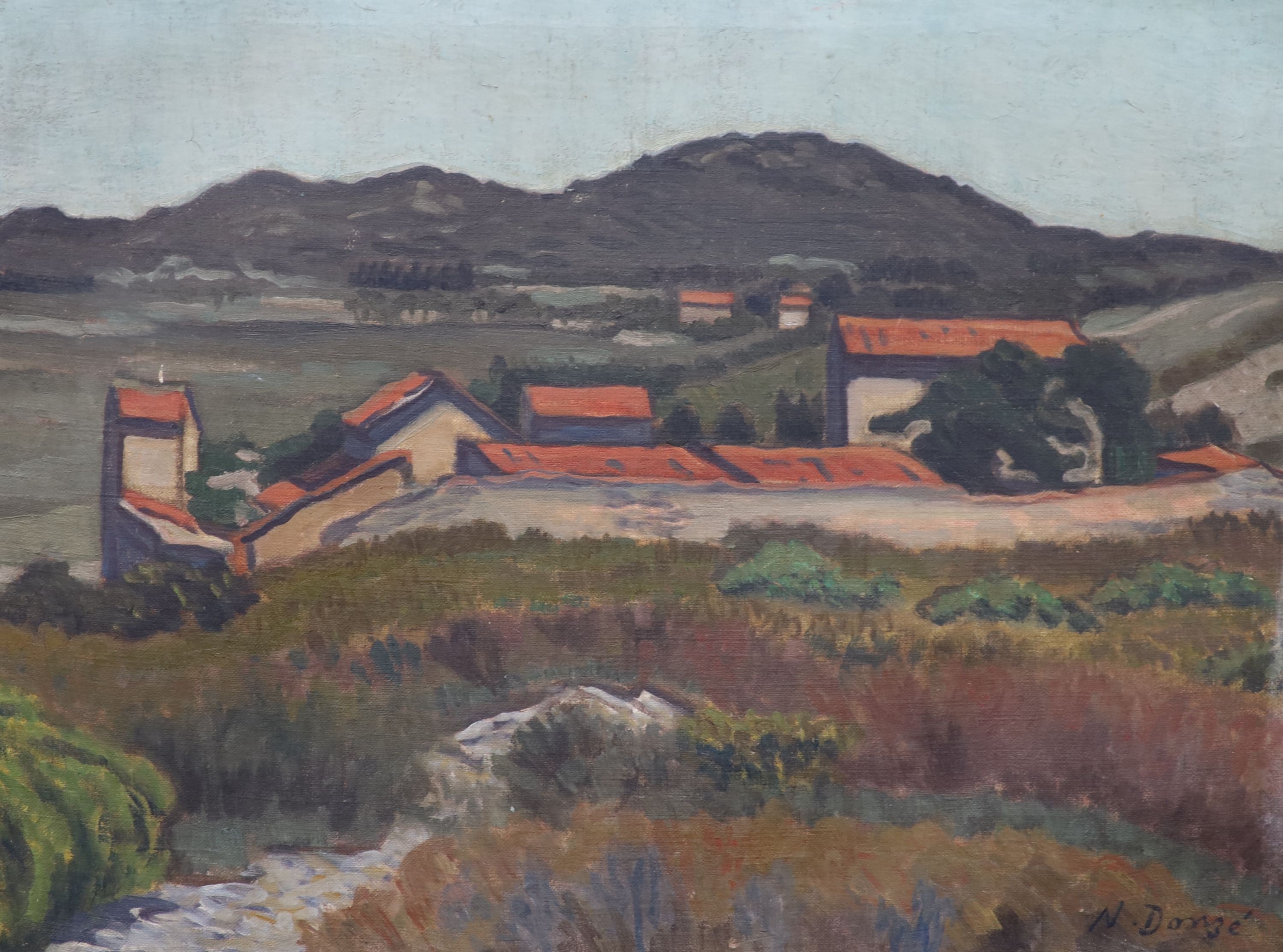 Numa Donze (1885-1952), oil on canvas, Mediterranean landscape with red roof tops, signed, 53 x 72cm.